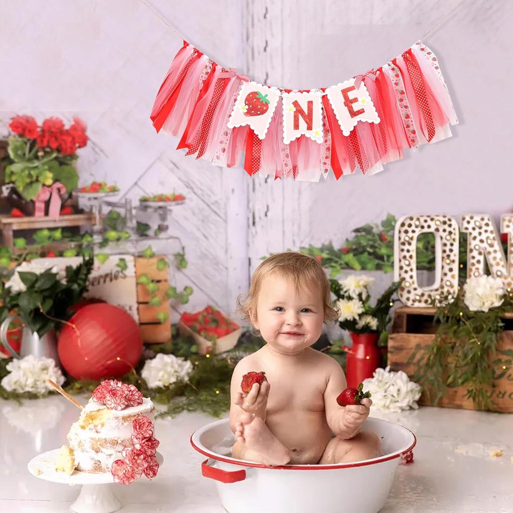 Strawberry One High Chair Banner - Strawberry 1st Party Decoration,Berry First High Chair Garland,Highchair Banner 1st Birthday Girl