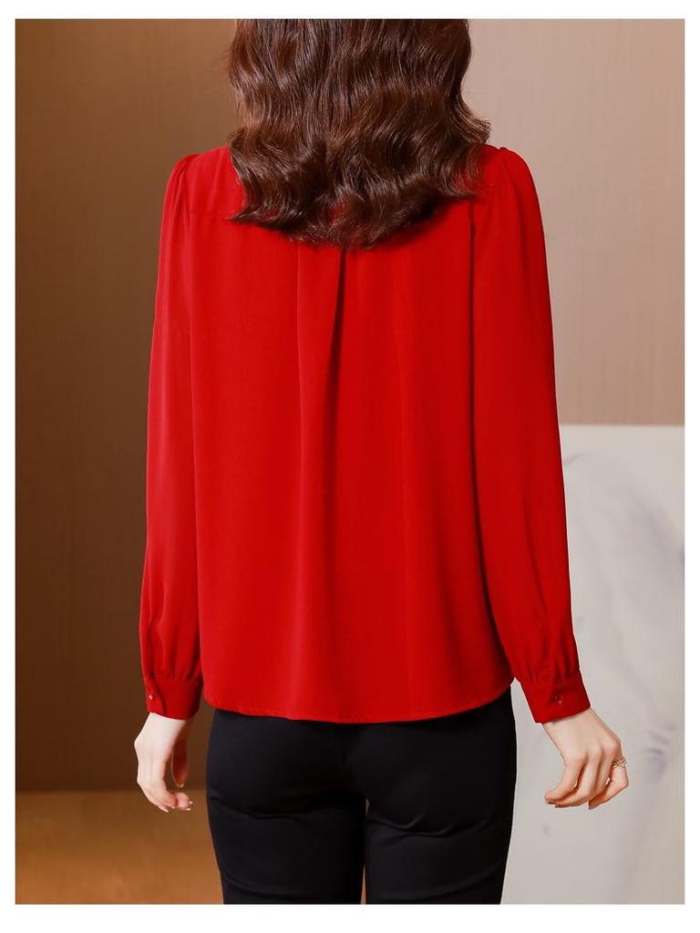 Damen Bluse aus schwarzem Chiffon mit langen Ärmeln - Eleganter Frühfrühlings-, Herbst- und Winterstil 2023.