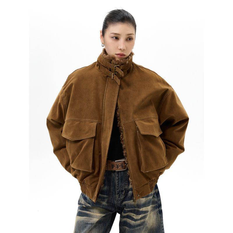 Kisko Winter American-Style Mountain Carving Suede Warm Stand-Up Collar Cotton Jacket for Men and Women, High-End Loose Casual Trendy Coat