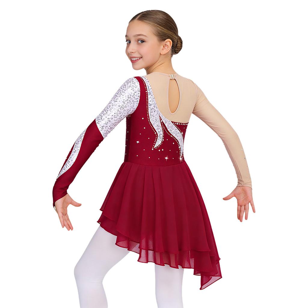 Girls Long Sleeve Dance Dress Shiny Sequins Decorated Patchwork Style Hollow Back Dresses