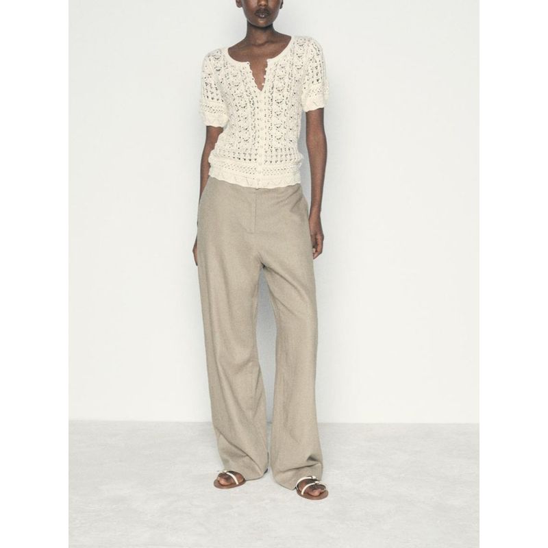 Za2024 Summer New Product Women's Clothes Artificial Pearl Decorated Row Button Mesh Knitting Short Sleeve Jacket 9598123 712