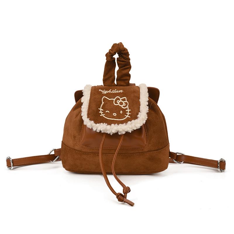 

Женский рюкзак с вышивкой кошки - Плюшевая окантовка, Милый мультяшный дизайн для осенне-зимних прогулок и школы коричневый