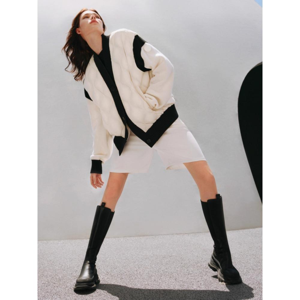 DIMANAF 2025 Mantel Damen Pullover Patchwork Wattiert Knöpfe Mantel Strickjacke Fake Zweiteiler Lockerer Pullover