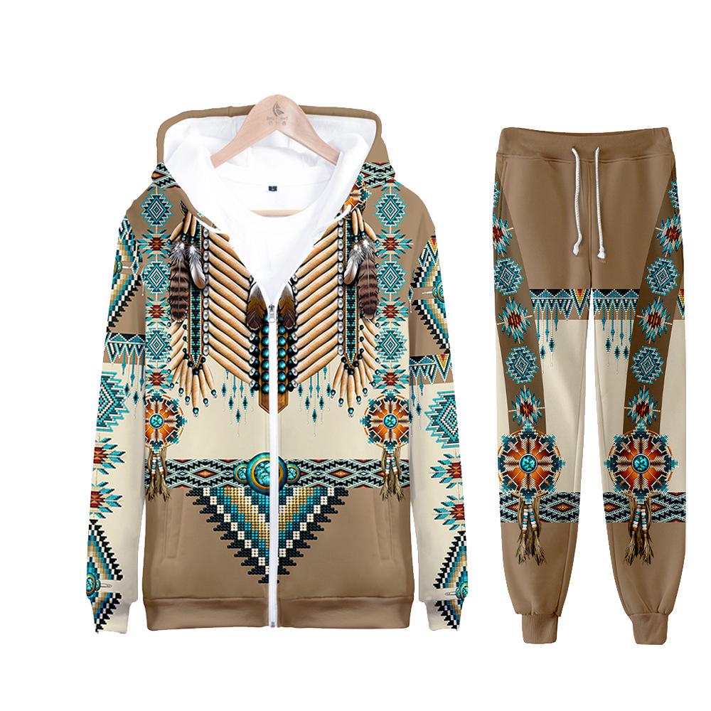 2025 Indisches 3D-Druck Freizeit-Kapuzenpullover mit Reißverschluss & Jogginghosen-Set
