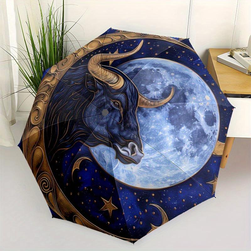 

Golden Bull Moon Zodiac Art Print, Celestial Decor Umbrella, Cute Umbrella with Cute Design, Portable 3-Fold Compact Umbrella for Men & Women, Valenti