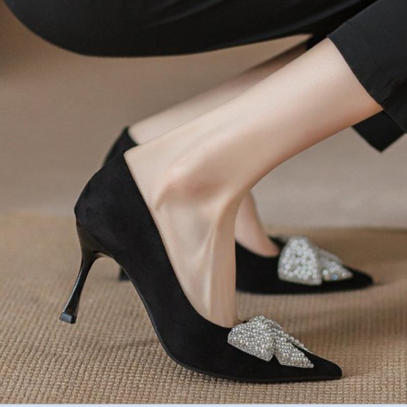 Shallow Mouth Black Single Shoes Women Pumps Pointed Toe High Heels Shiny Pearl Bowknot Rhinestone Stiletto Temperament Wedding