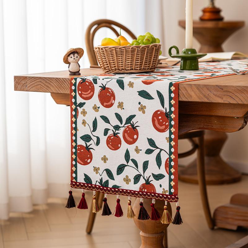 

American Style Jacquard Table Runner Tropical Rainforest & Persimmon Floral with Tassel Polyester Table Flag Bed End Runner 35x120cm