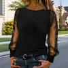 Women T-shirt O-neck Mesh Hollow Puff Long Sleeves Soft Stretchy Tops Shiny