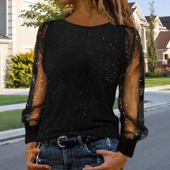 Women T-shirt O-neck Mesh Hollow Puff Long Sleeves Soft Stretchy Tops Shiny