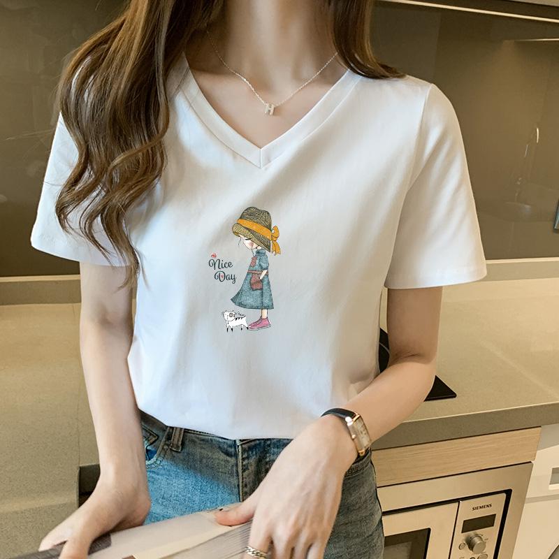 

White short-sleeved t-shirt women s V-neck 2025 new loose summer pure cotton design breathable age-reducing top women S
