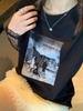 Mochie Spring Lace Patchwork Two-Piece Look Round Neck Printed Loose Slimming Long Sleeve T-Shirt