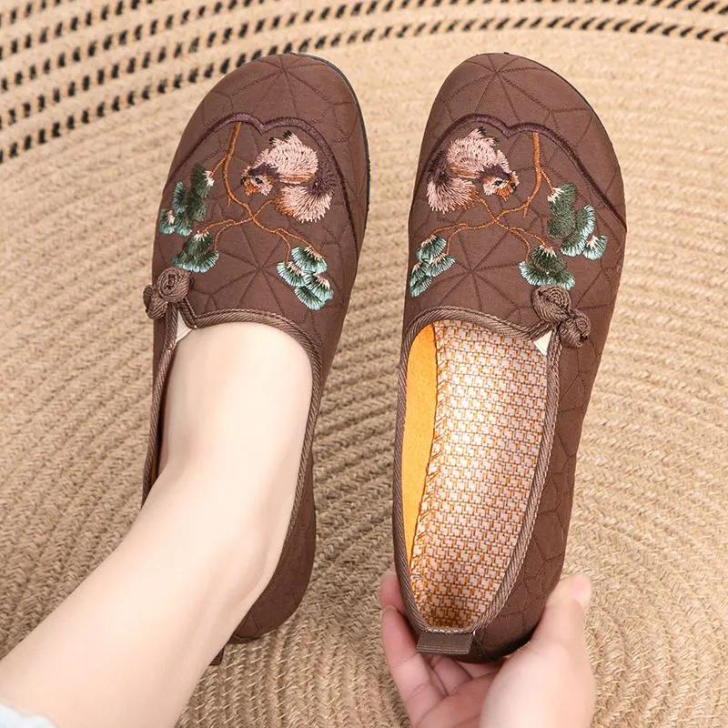 women fashion round toe beige high quality floral embroidery anti skid flat shoes lady cool comfort brown shoes ab491