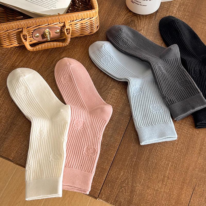 Katon Bear Mid-calf Socks, Autumn Combed Cotton, Cute Mid-calf Socks, Solid Color, Versatile, Pile Pile Socks, Boneless