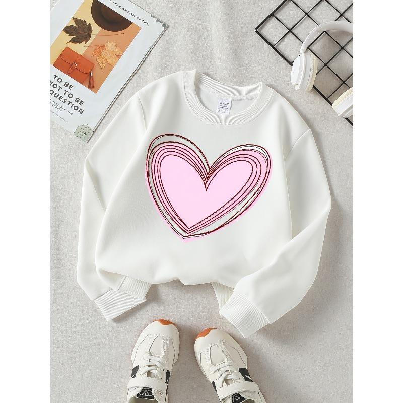 European Sizes Girls' Soft Crewneck Sweatshirt Pink Heart Pattern Design, Casual All-Match for Fall Winter, Ideal Holiday Present.