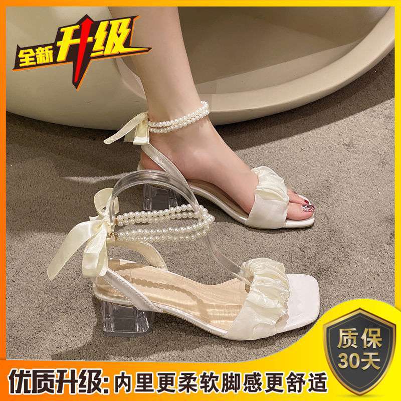 French Niche Pearl High-heeled Sandals Female Summer 2025 New Medium Heel Crystal Fairy Style Versatile Ins Tide