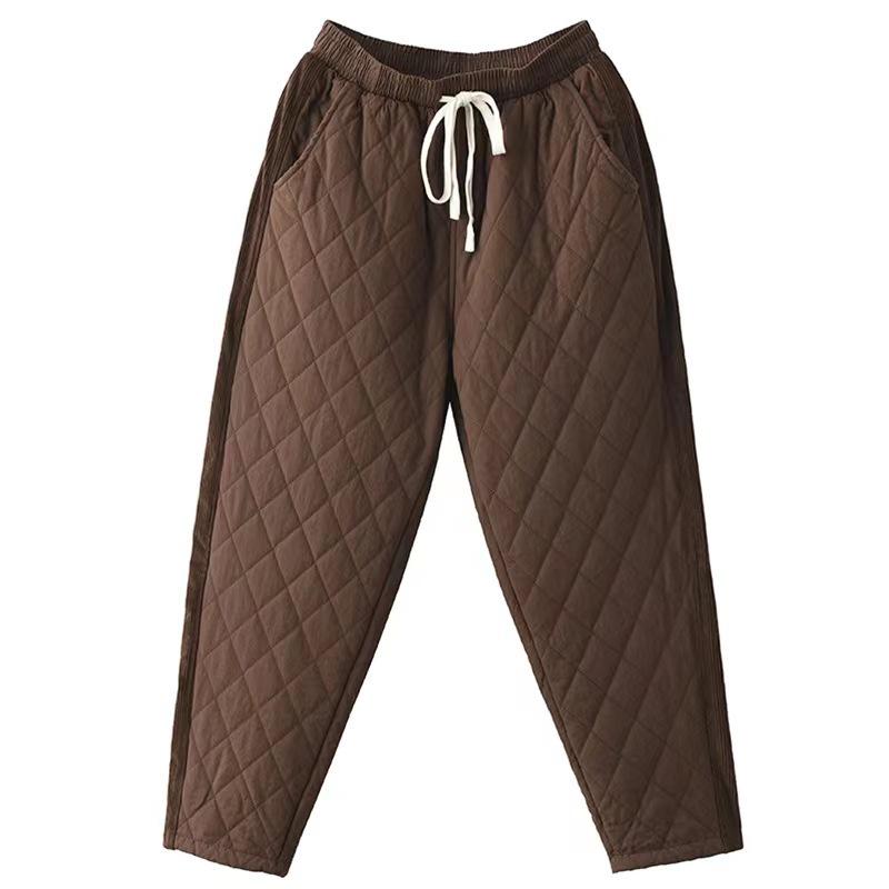 Retro Diamond-Patterned Women's Elastic Waist Harem Pants - Thick, Warm, Casual Cotton Trousers