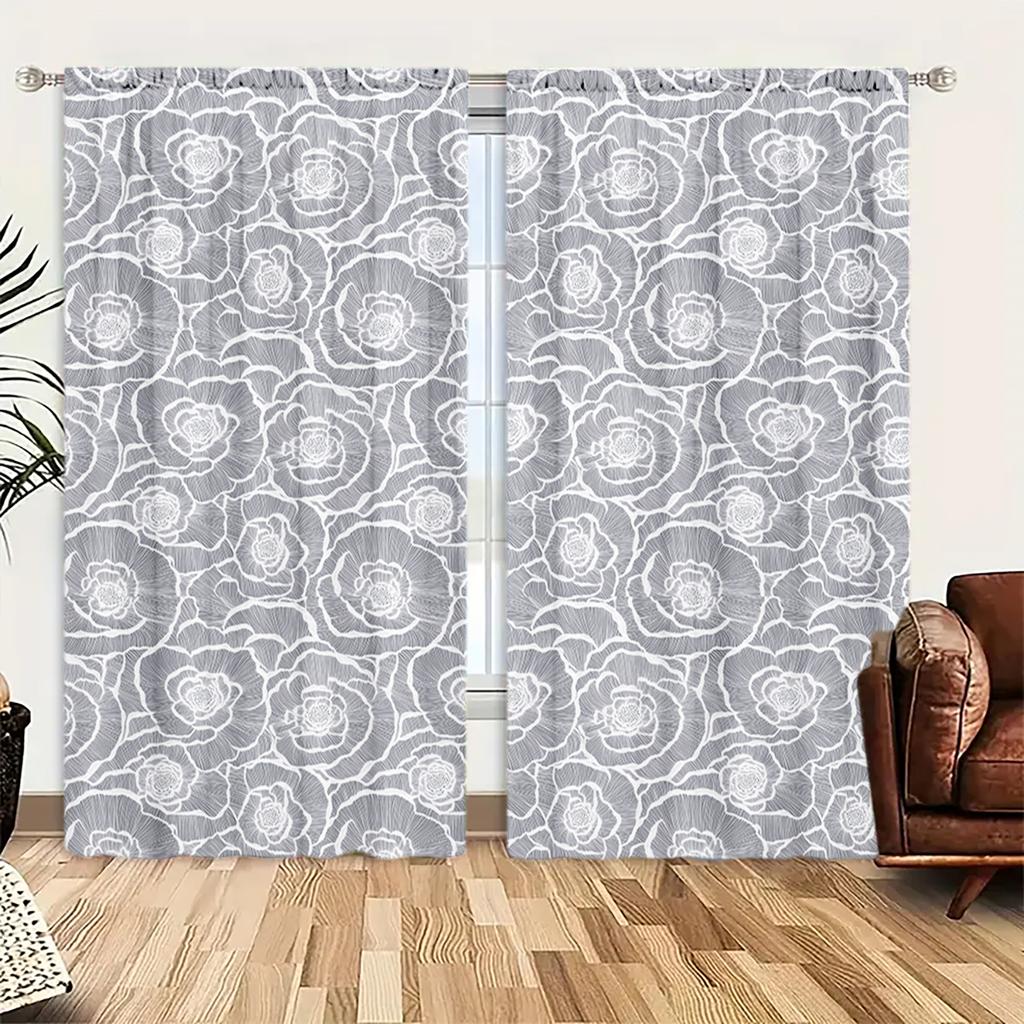 2pcs Grey Rose Pattern Printed Curtain for Home Decor - Rod Pocket Window Treatment for Bedroom, Office, Kitchen, Living Room