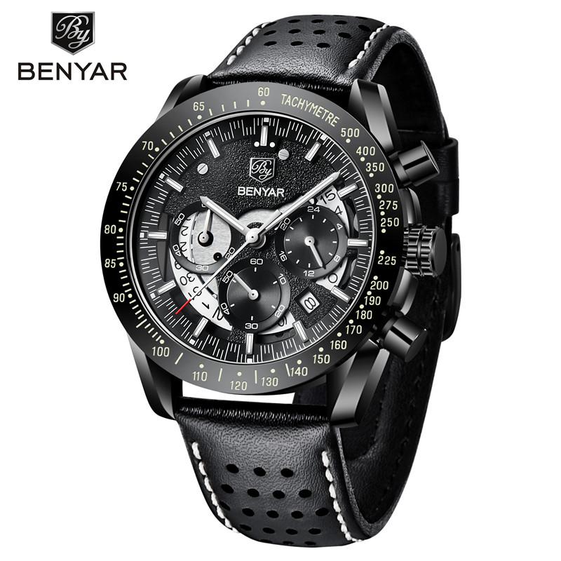 BENYAR Top Brand Luxury Watch Men Sport Quartz Male Chronograph Date Clock Military Army Black Genuine Leather Wristwatch 5120