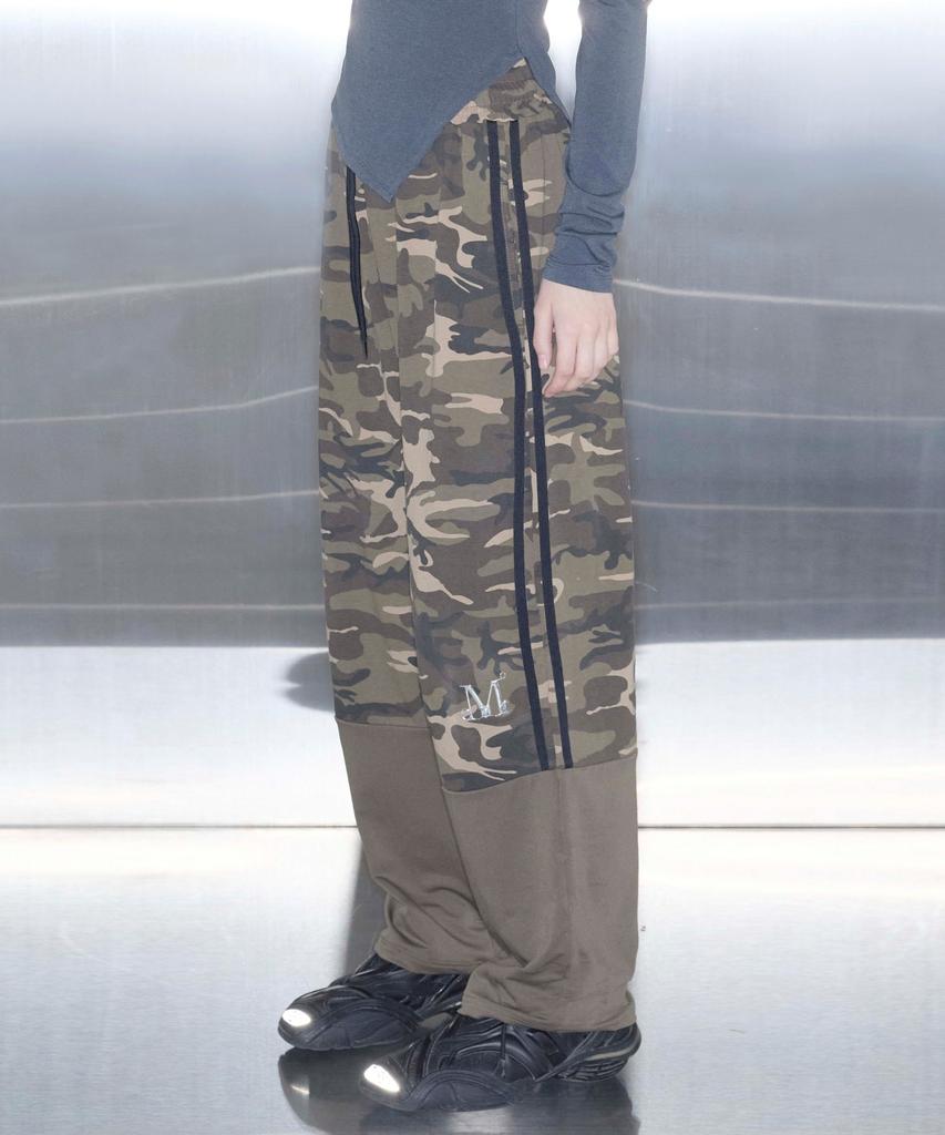 MUCENT Mauve Matching Metal Logo Camo Color Block Wide Elastic Pants