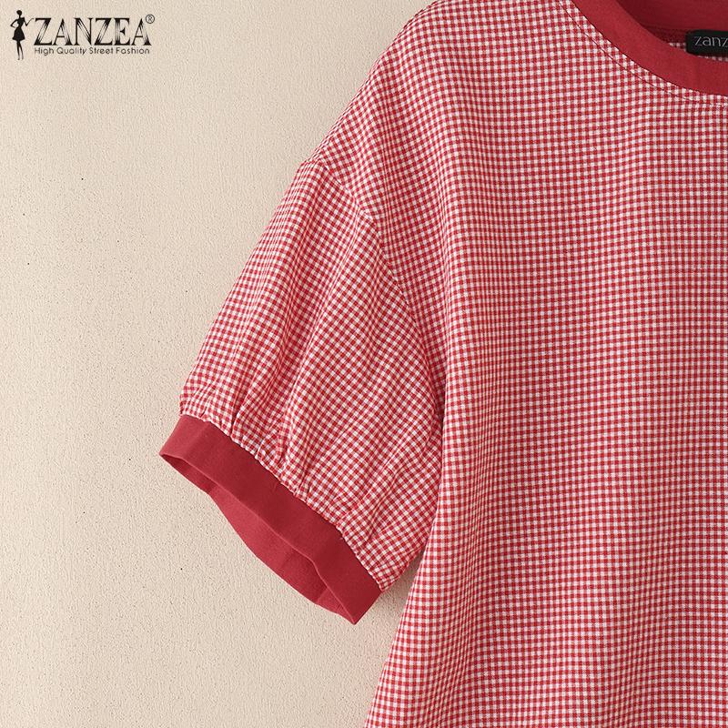 ZANZEA Women Casual Round Neck Grid Print Summer Short Sleeve Blouse
