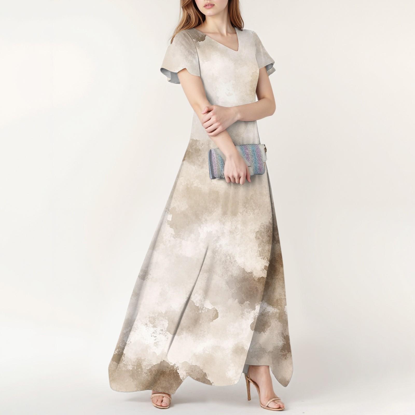 

Женское повседневное модное платье с принтом тай-дай, V-образным вырезом и короткими рукавами XXL верблюд