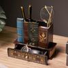 Vintage European Wooden Pen Holder - Creative Desk Organizer and Decorative Storage Box Home Office Organization and Storage