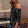 Damenmode Farbe Schräger Schultergurt Langarm Glitzer Kapuzen-T-Shirt Top