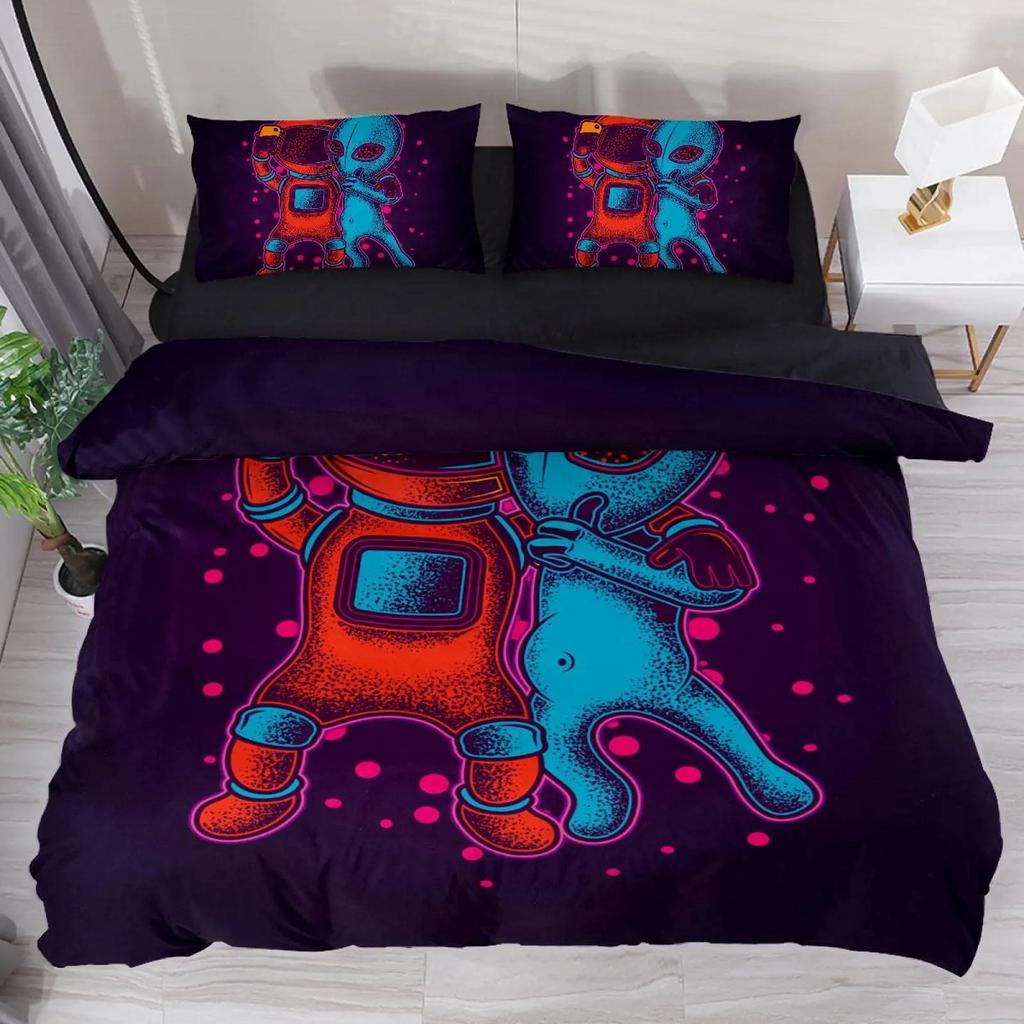 Trippy Alien Duvet Cover Set Queen Alien Skull Bedding Set Psychedelic Space Watercolor Colorful Queen Size Bedspread Alien Gift