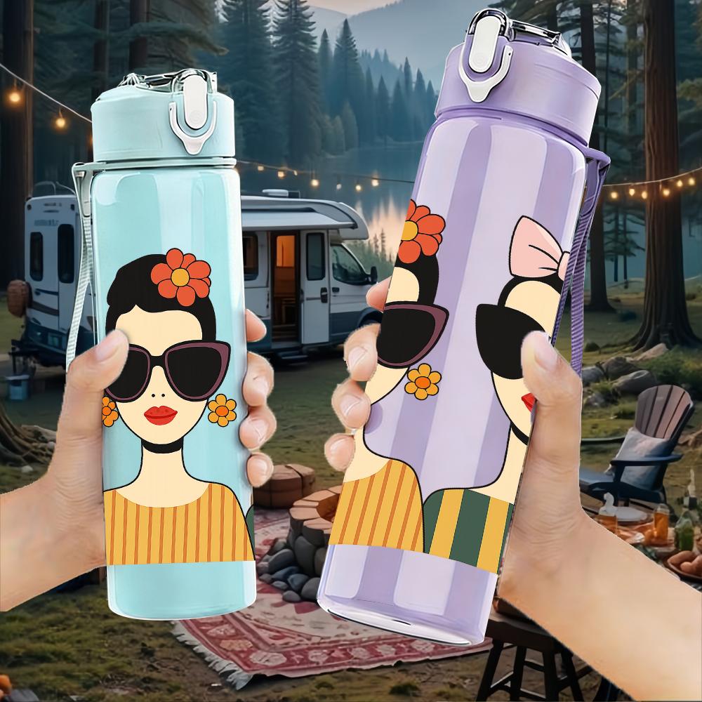 1PC Two Fashion Lady Portrait 750ml Color Plastic Sports Water Bottle Leakproof Flip Straw Lid For Sports Office Home Use