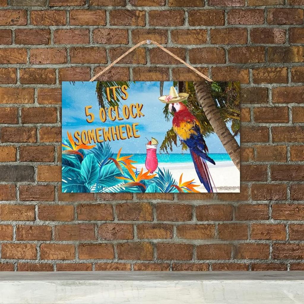 TEANFUN Summer Sign, It's Five O'clock Somewhere, Summer Parrot Sign for Outdoor Indoor Wood Hanging Wall Decor Sign Plaque, Housewarming Gifts for