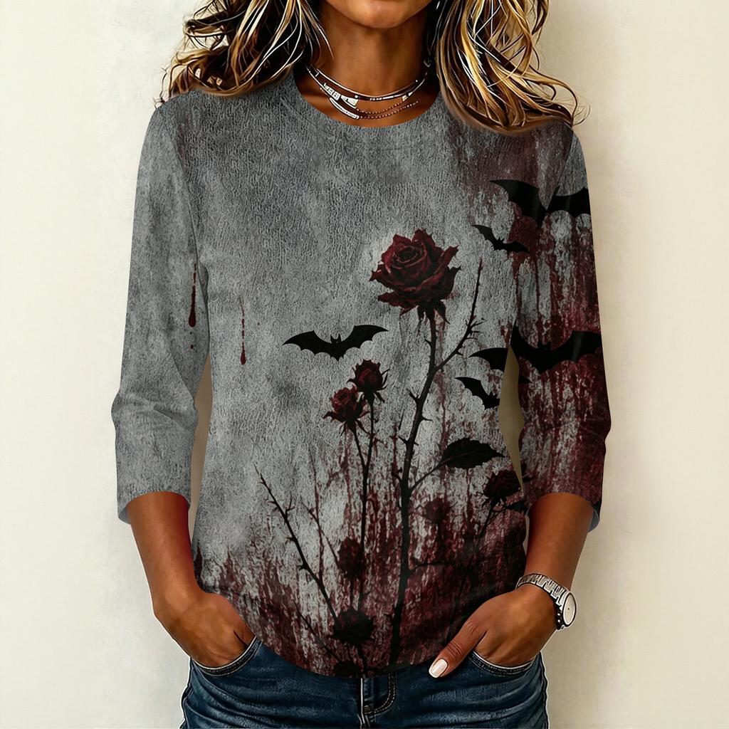 Women's Casual Round Neck Three Quarter Sleeve Halloween Print T Shirt Top Lightweight Comfortable Fit for Daily Wear