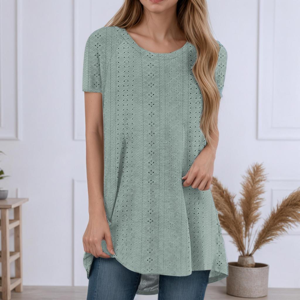 2025 Summer Round Neck Short Sleeve Irregular Hem Loose Cutout T-shirt