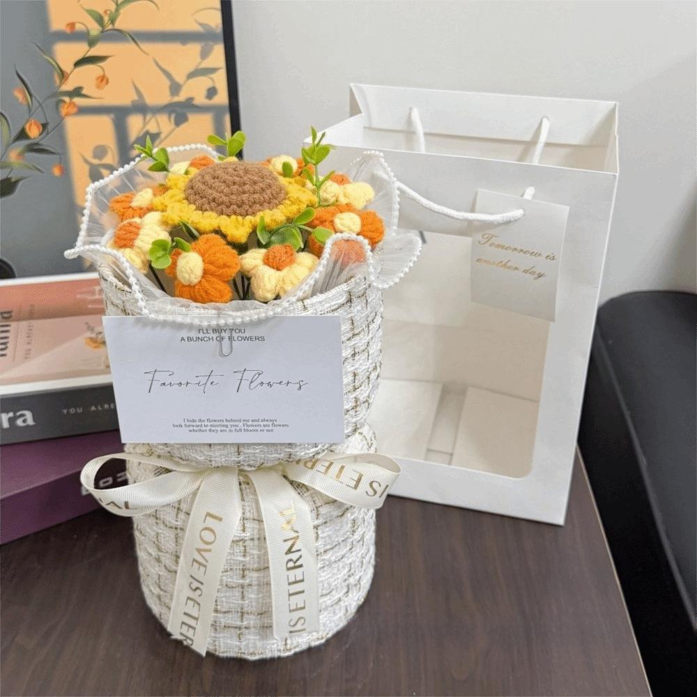 With Light Puff Flower Bouquet Gift Knitted Flower Bouquet Sunflower Bouquet  Valentine's Day