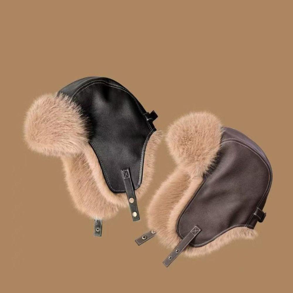 Windproof Winter Pilot Hat Pu Leather Plush Hat Simple Cycling Lei Feng Hat  Biking