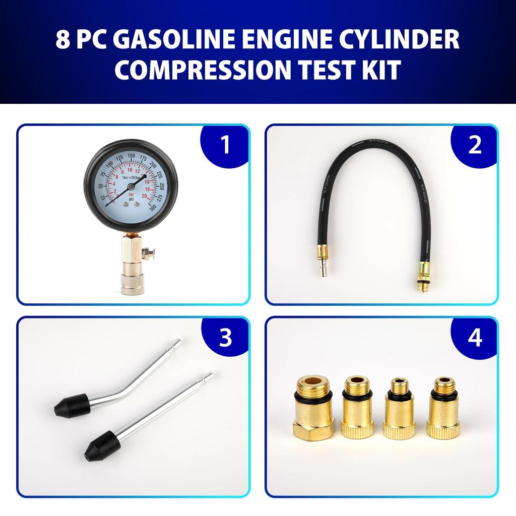 Compression Tester, 8Pcs Engine Compression Tester Kit Professional Petrol Gas Engine Cylinder Pressure Gauge 0-300 PSI Automotive Tool For