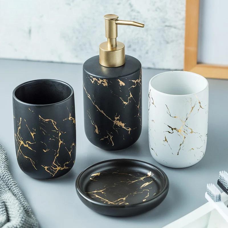 Nordic Matte Gold Ceramics Bathroom Accessories Set Soap Dispenser/Toothbrush Holder/Tumbler/Soap Dish luxurious Washing Set