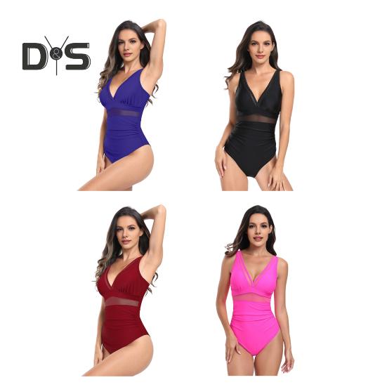 Dámské monokini s hlubokým výstřihem do V, bez rukávů, kontrolní bříško, plážové oblečení, zeštíhlující síťované průsvitné jednodílné plavky