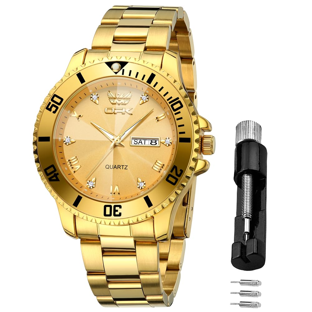 OPK Men's Quartz Watch with Date Display, Waterproof, Luminous, Stylish, Classic Stainless Steel Watch for School or Office, Gold