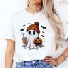 Little Boo Drinking Coffee Women T-Shirts Fashion Halloween Party Spooky Season Shirt Harajuku Graphic Tops Casual Streetwear