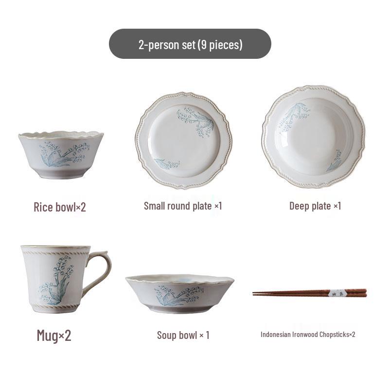 French Retro Lily of the Valley Tableware Set: Ceramic Dinner Plates, Rice Bowls, Steamed Fish Plates, and Household Dish Set.