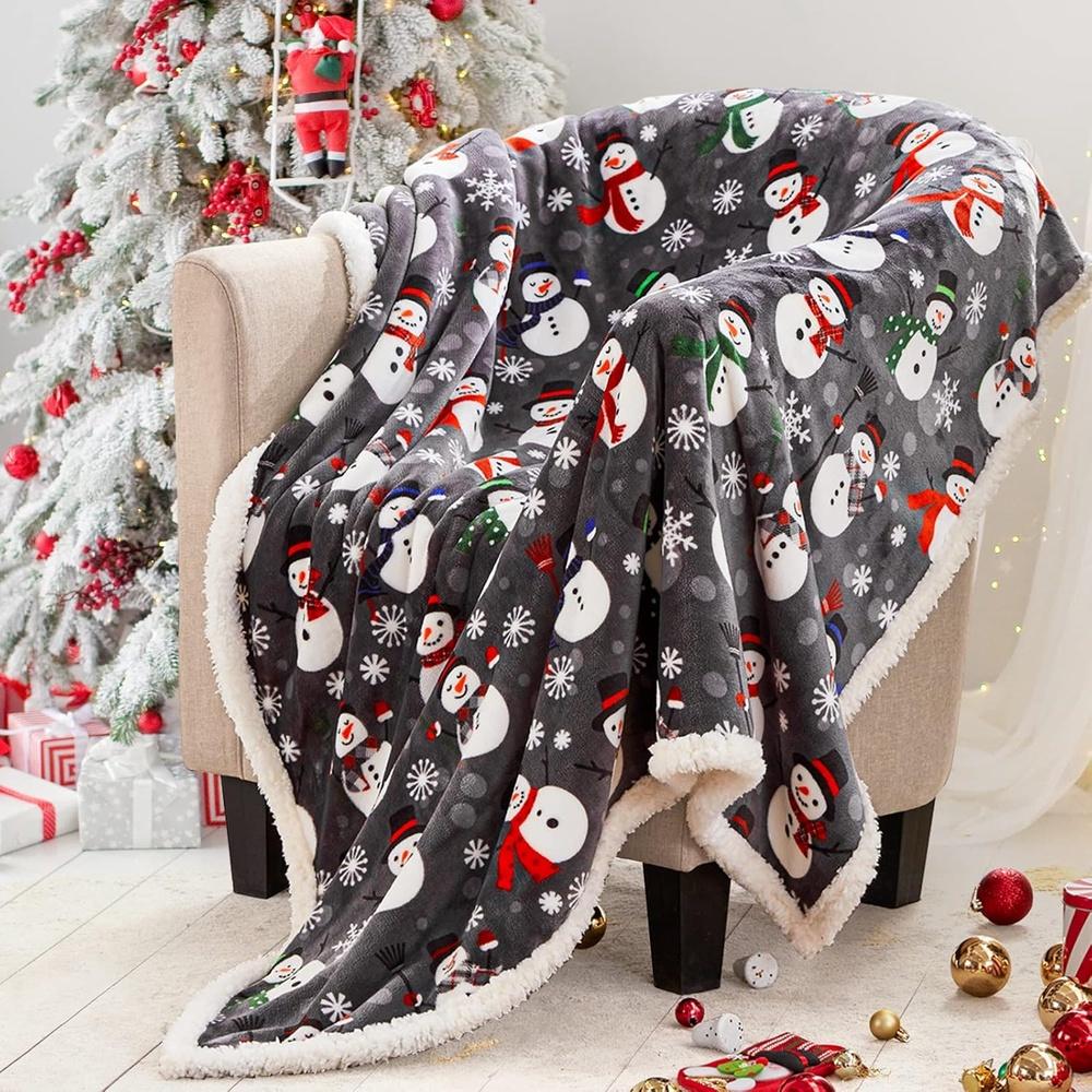1pc Grey Christmas Blanket Snowman Snowflake Printed Skin-Friendly Soft Blanket New for Home Sofa Christmas Decoration