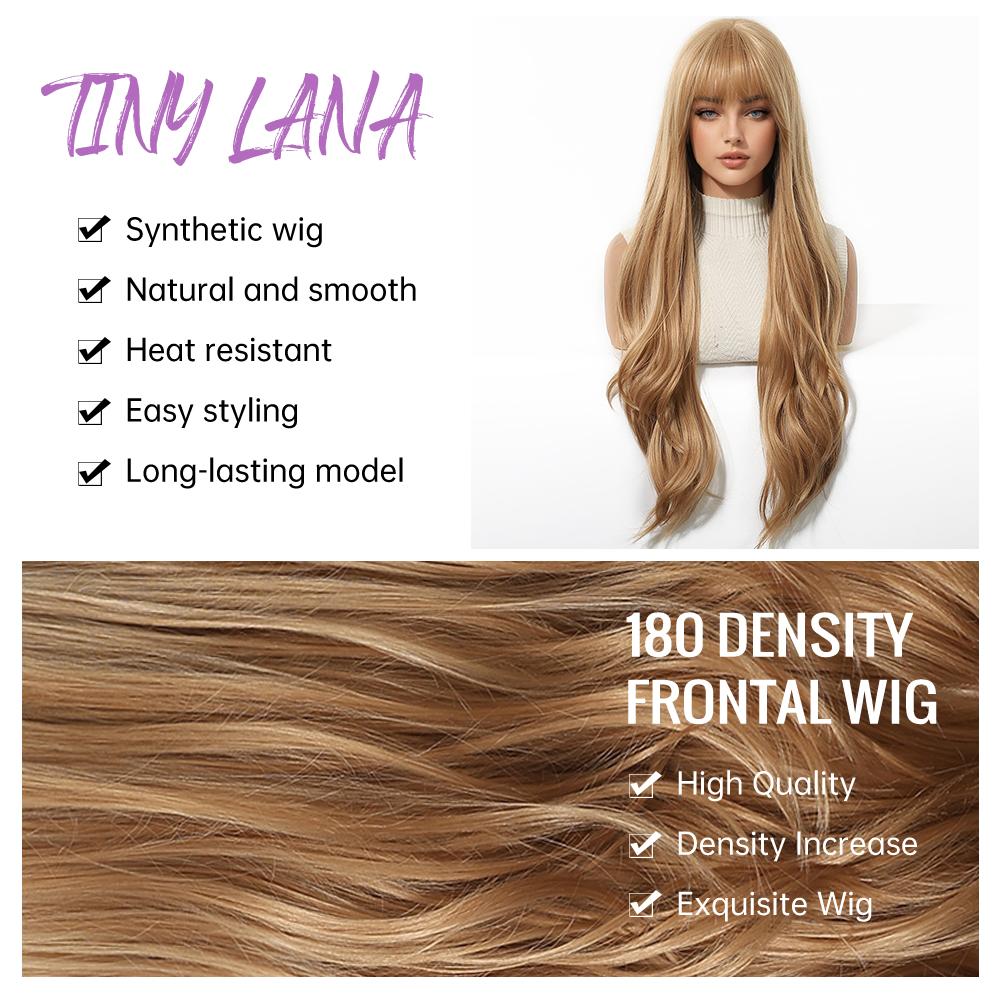 Long Golden Blonde Wave Synthetic Wigs with Bangs for Women Golden Brown Natural Cosplay Costume Daily Hair Wigs Heat Resistant