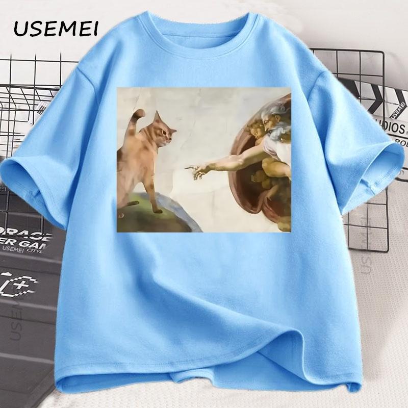 Funny Cat God Creation Of Adam Meme Tshirt Unisex Unisex Casuals Short Sleeve Jesus T Shirt Oneck Tshirt Cotton Vintage Tees