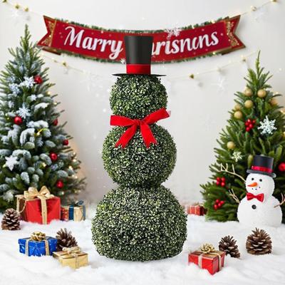 Vánoční sněhulák topiary umělý sněhulák tvarovaný topiary strom květináč s červenou mašlí čepice Santa pro vnitřní venkovní domov veranda dvůr sváteční dekorace