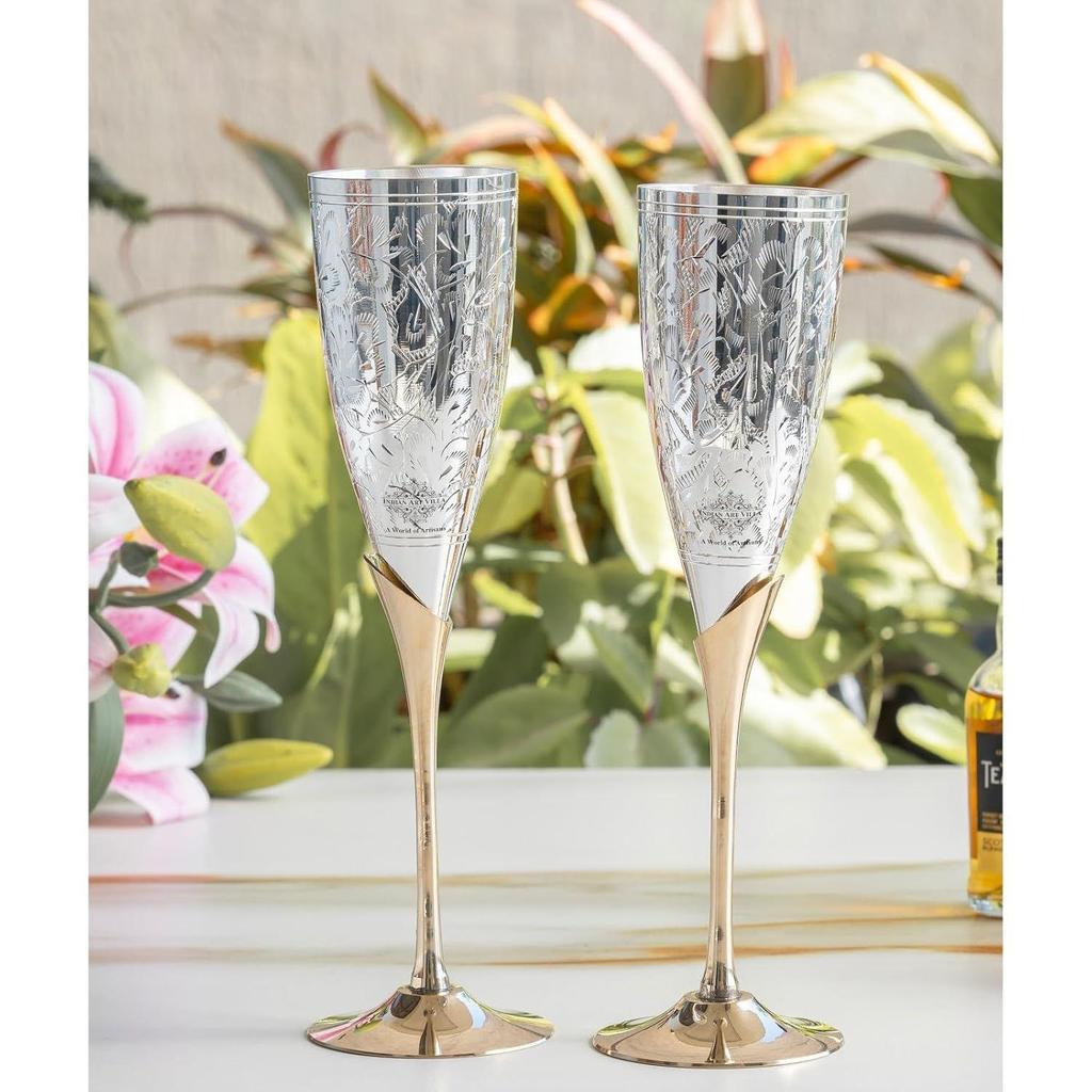 Silver Plated Goblet Flute Wine Glass with Blue Box, Best for Parties, Diwali Gift Item, 200 ML Each, Set of 2