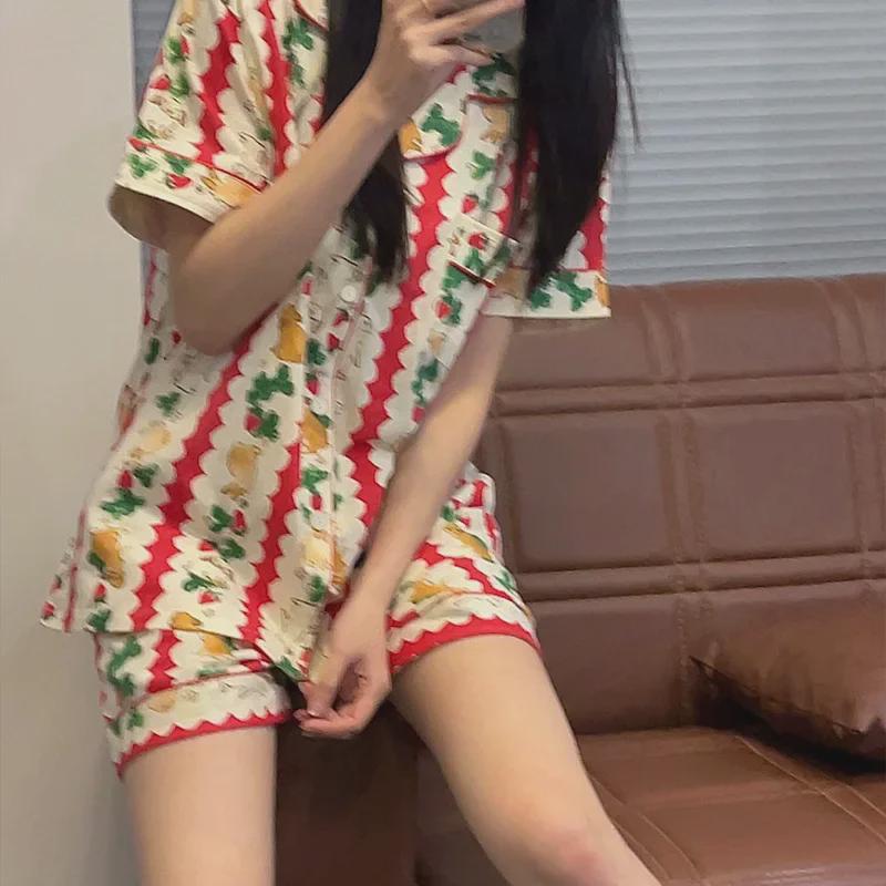 Korean Floral Bunny Christmas Summer Pajama Set - Striped Short-Sleeve Top & Shorts for Women