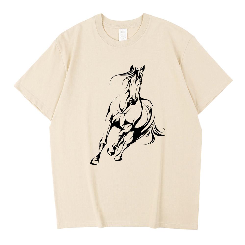 Men's Summer High Quality Cotton T Shirt Casual Loose Running Horse Pattern Printed Round Neck Short Sleeved T-shirt Top