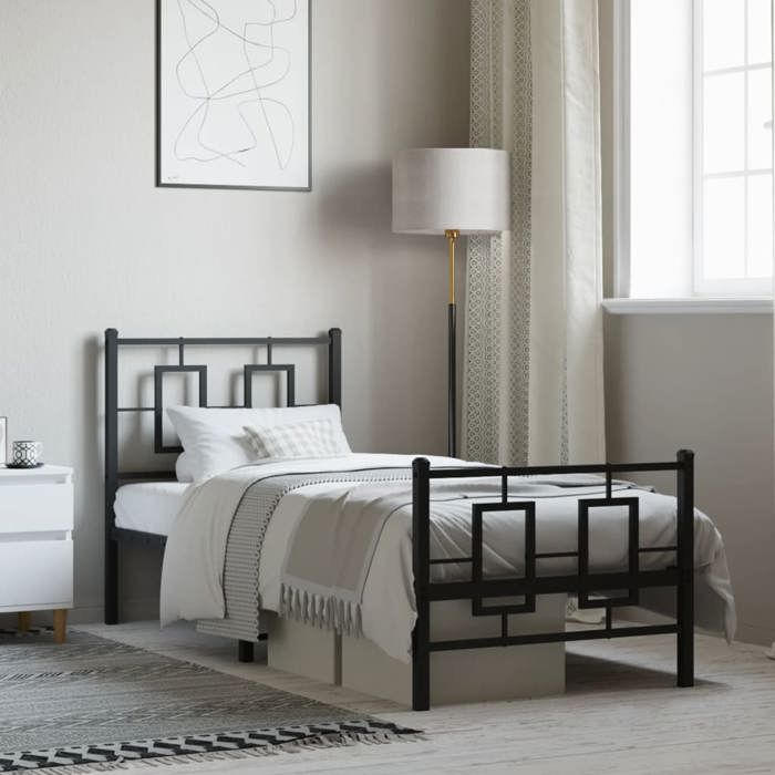 VidaXL Cadre de Lit Métal avec Tête de Lit Pied de Lit, Lit Simple avec Sommier à Lattes, Lit Adulte avec Pied Chambre, 374249
