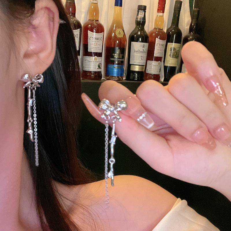 Korean-Style Diamond Tassel Bow Earrings - High-End Luxury Statement Jewelry