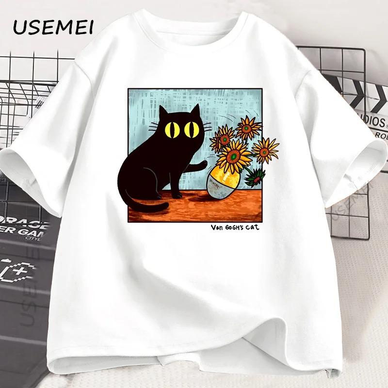 

Van Gogh Cat Graphic T Shirts Unisex Women Flower Black Cat Tshirt Round Neck Short Sleeve Trendy Tee Shirt Streetwear Y2K S